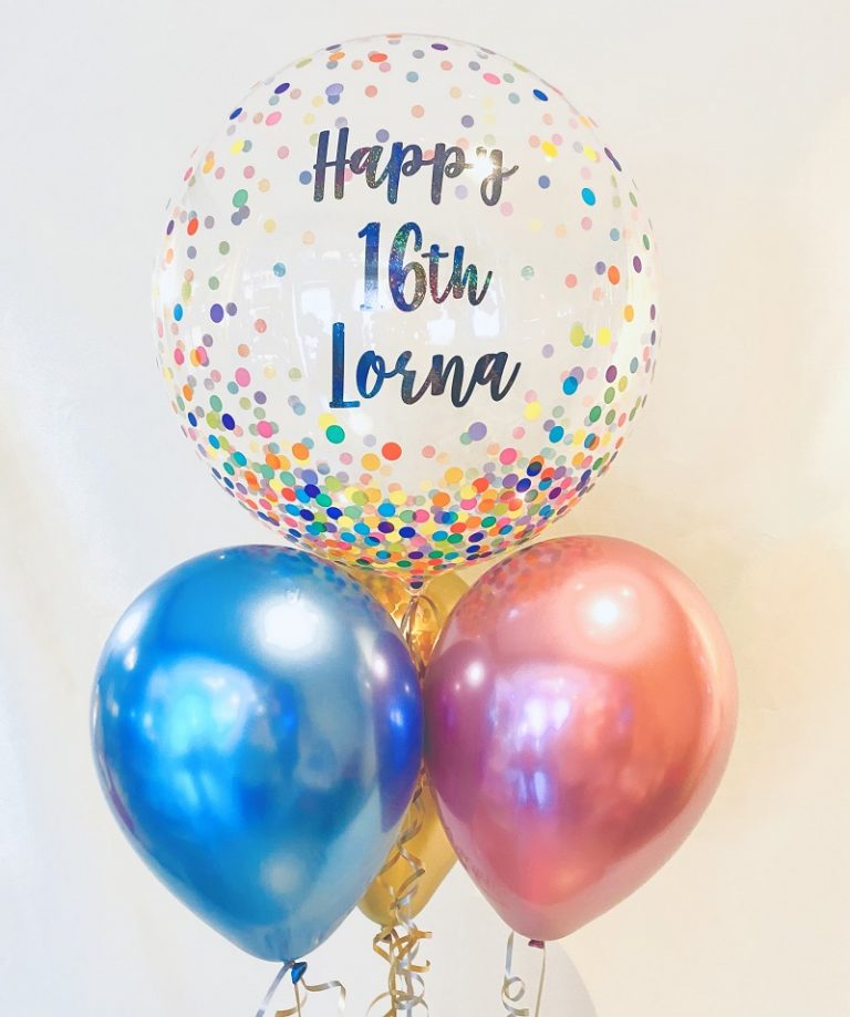 Confetti bubble personalised chrome latex bouquet 800 px 768x919